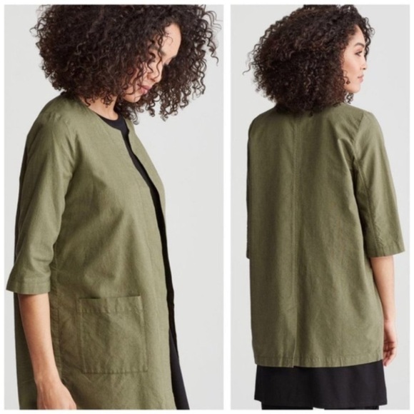 Eileen Fisher Cross-Dyed  Organic Cotton Jacket in Olive Green shacket - Picture 2 of 9